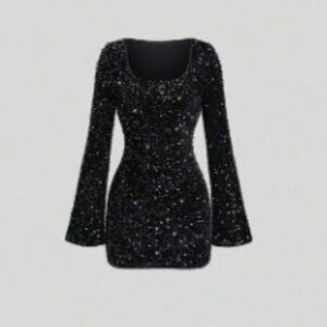 Black Sequins Long Sleeve MIni Dress